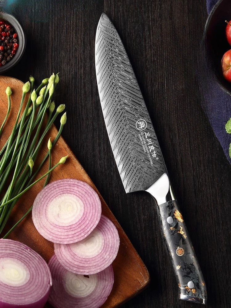 67 Layer Damascus Chef Knife with Carbon Fiber Gold Foil + Resin Handle