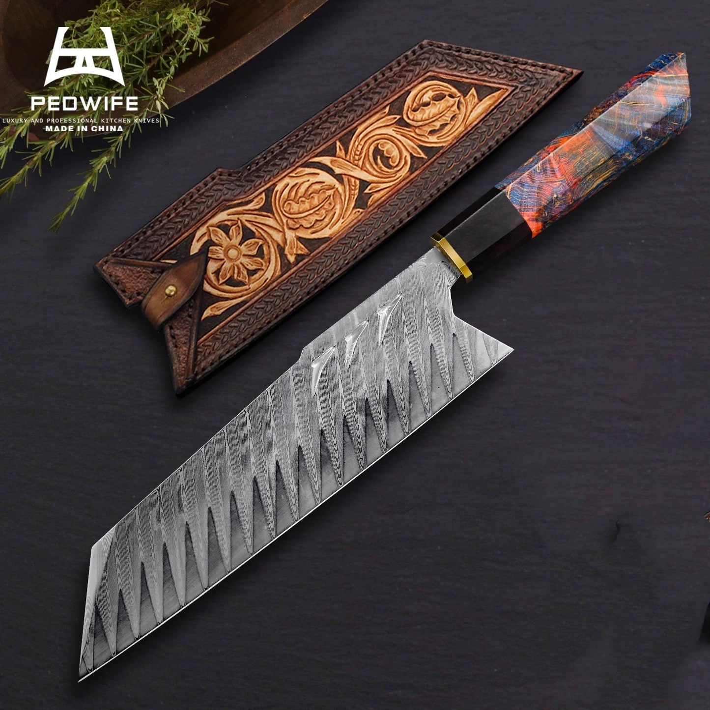 Damascus Steel Handmade 8" Santoku Knife with Stabilized Wood Handle