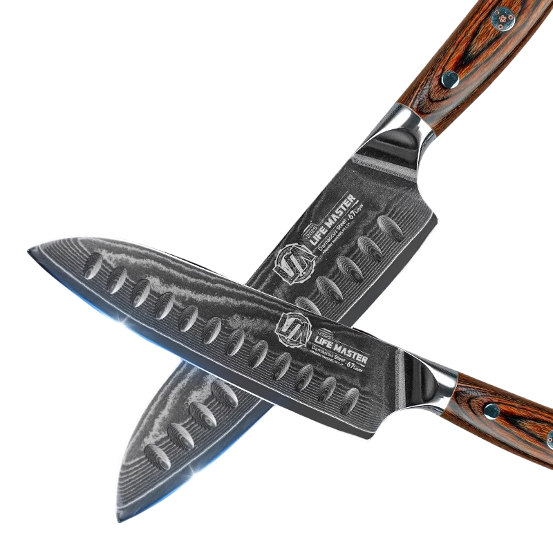 Damascus Santoku Knife with Golden Wood Handle