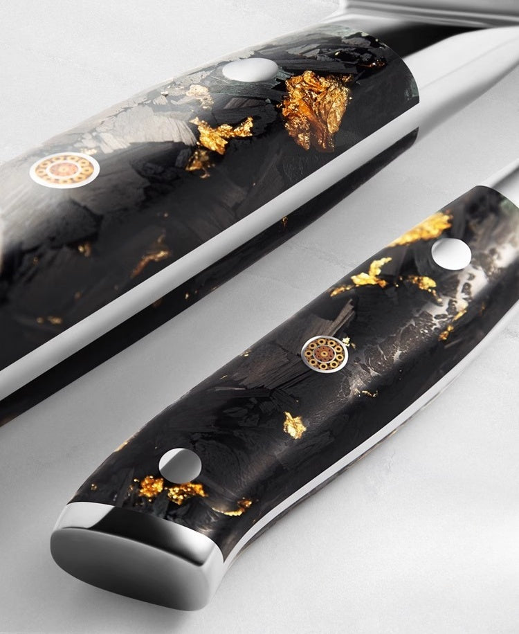 67 Layer Damascus Chef Knife with Carbon Fiber Gold Foil + Resin Handle