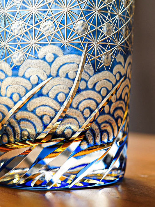 GOGLASSCUP Edo Kiriko Waves and Starry Sky Whiskey Glass GoGlassCup