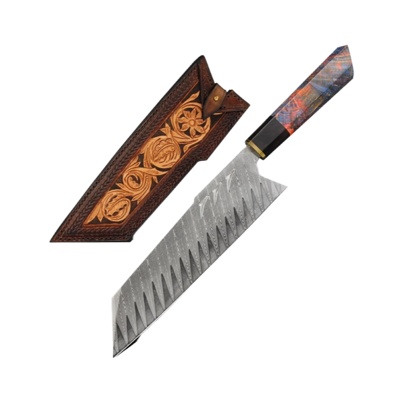 Damascus Steel Handmade 8" Santoku Knife with Stabilized Wood Handle