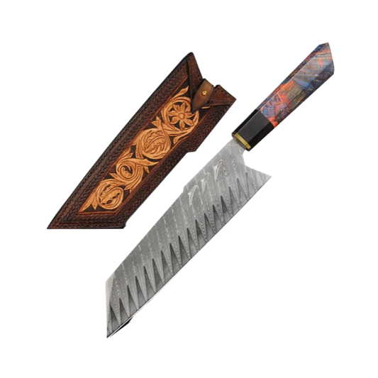 Damascus Steel Handmade 8" Santoku Knife with Stabilized Wood Handle