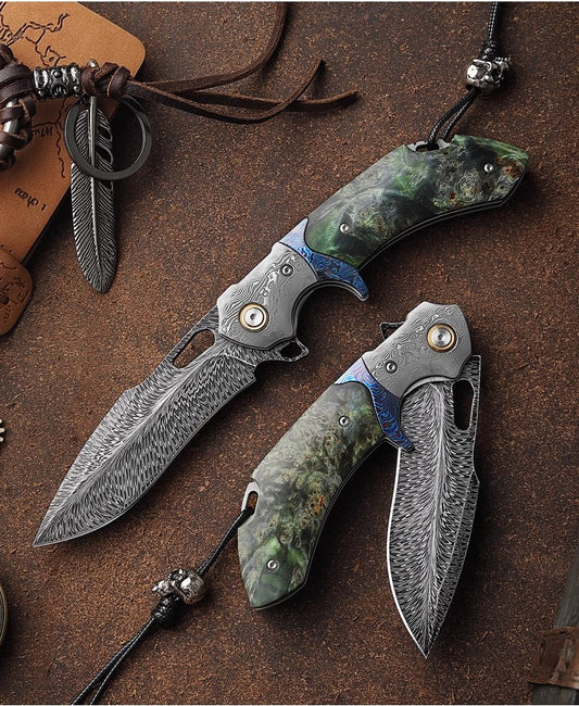 Feather Pattern Damascus Steel Folding Knife-Navigator