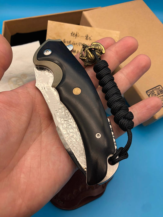 Folding Knife | Damascus Pattern Steel | Ebony Handle | Thunder Dragon