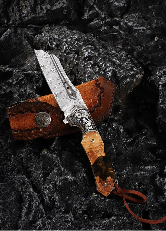 Damascus Steel Forged Folding Knife-The Submissive Dragon