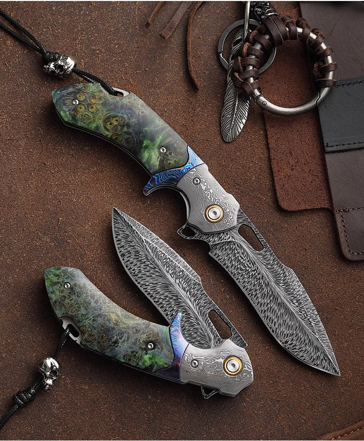 Feather Pattern Damascus Steel Folding Knife-Navigator