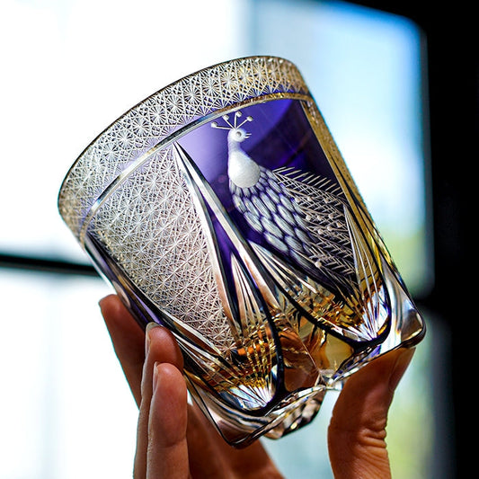 Edo Kiriko Handcrafted Violet Peacock Whisky Glass - Crystal Glass GoGlassCup