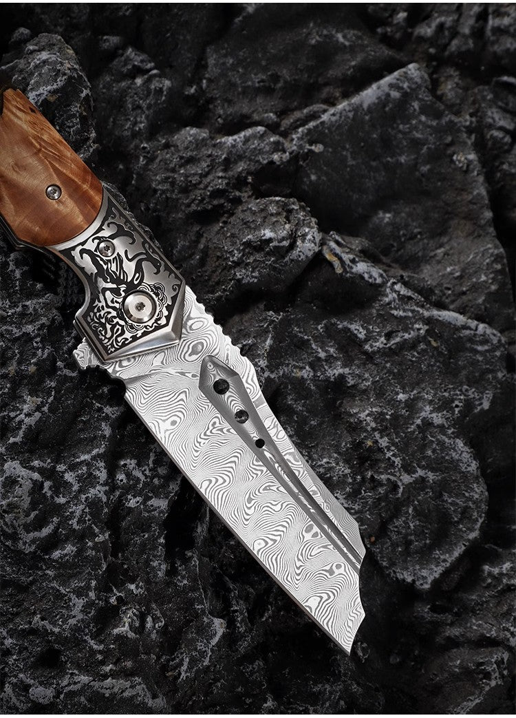 Damascus Steel Forged Folding Knife-The Submissive Dragon