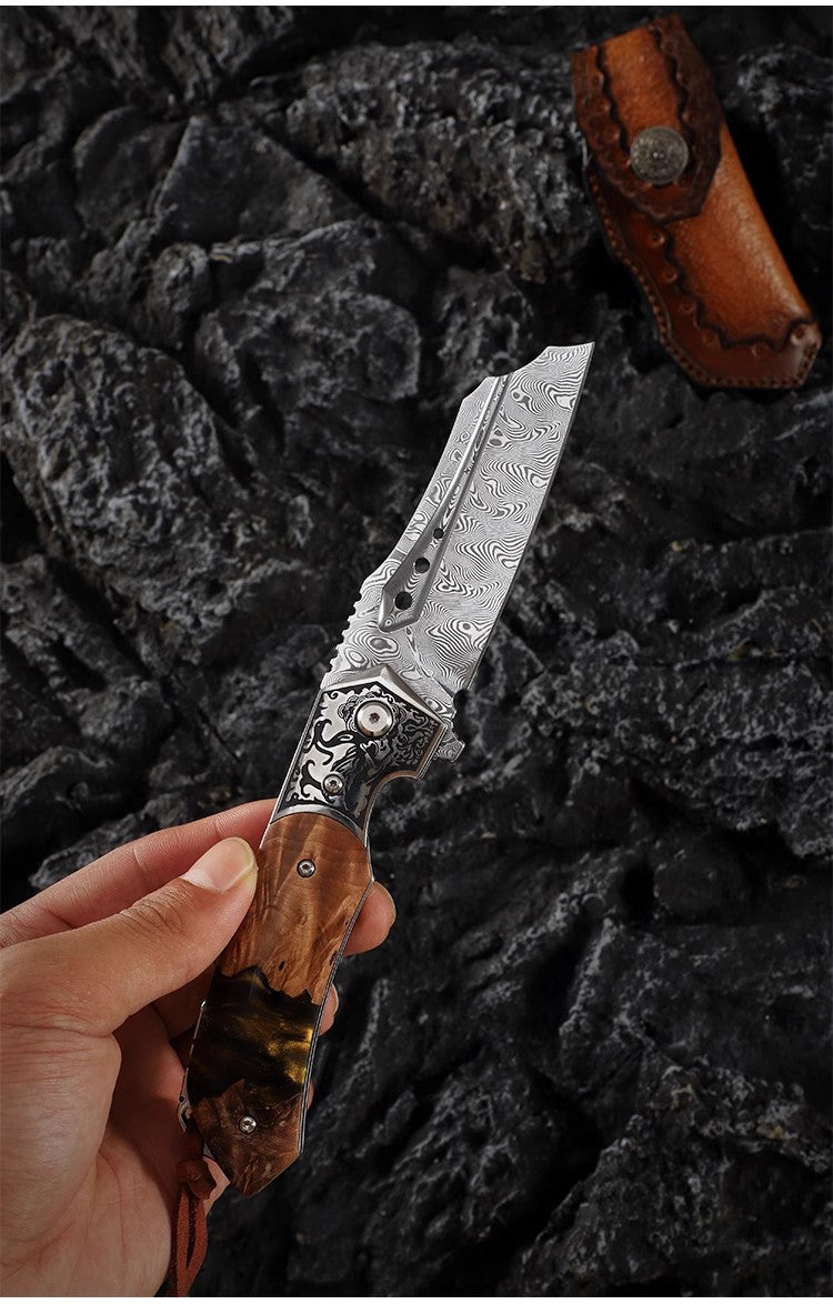 Damascus Steel Forged Folding Knife-The Submissive Dragon