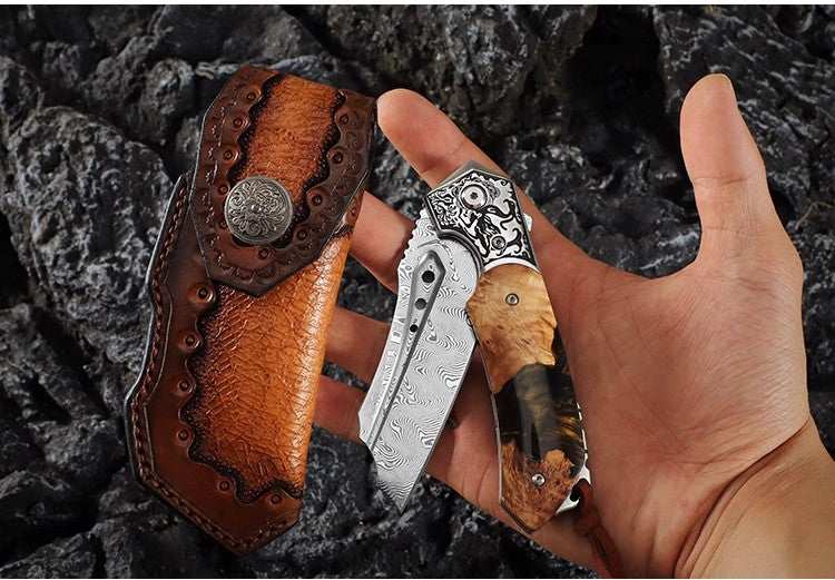 Damascus Steel Forged Folding Knife-The Submissive Dragon