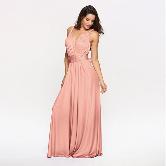 A-line One Shoulder V-Neck Halter Floor-Length Mesh Bridesmaid Dress