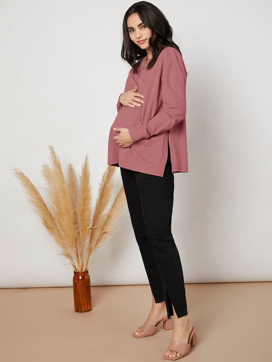 MaterniWear Maternity Drop Shoulder Slit Hem, Slit Hem Tee