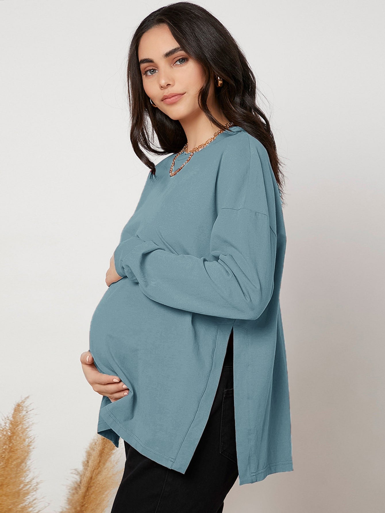 MaterniWear Maternity Drop Shoulder Slit Hem, Slit Hem Tee