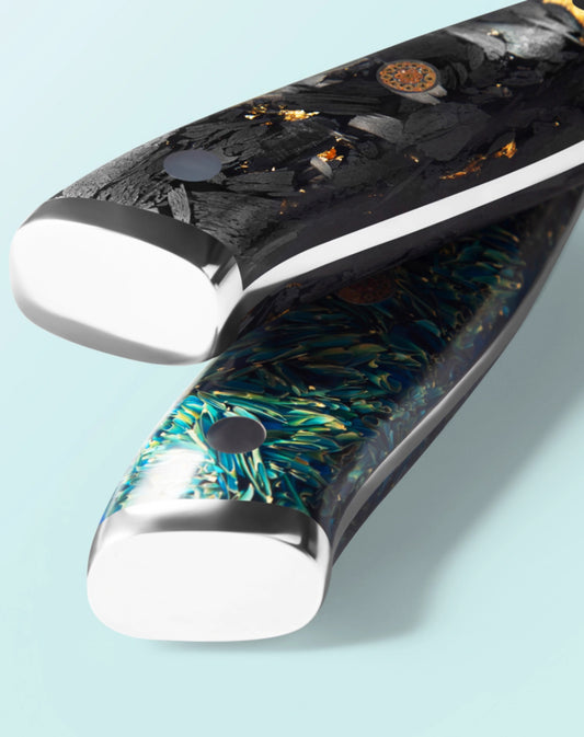 67 Layer Damascus Chef Knife with Carbon Fiber Gold Foil + Resin Handle