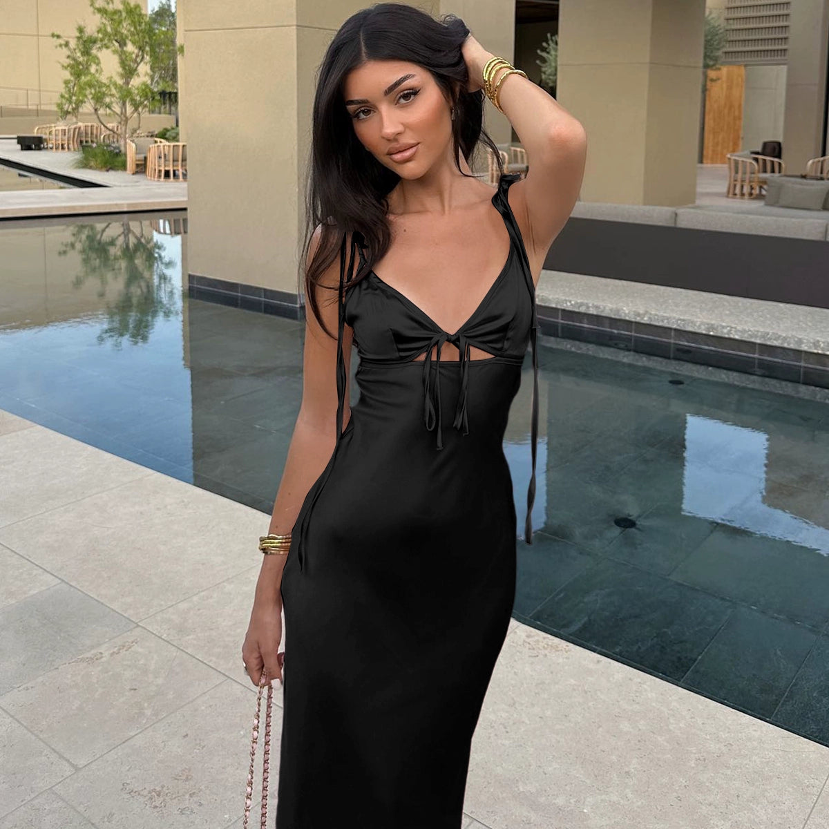 Slim Fit Satin Slip Dress with Lace Cut-out Details