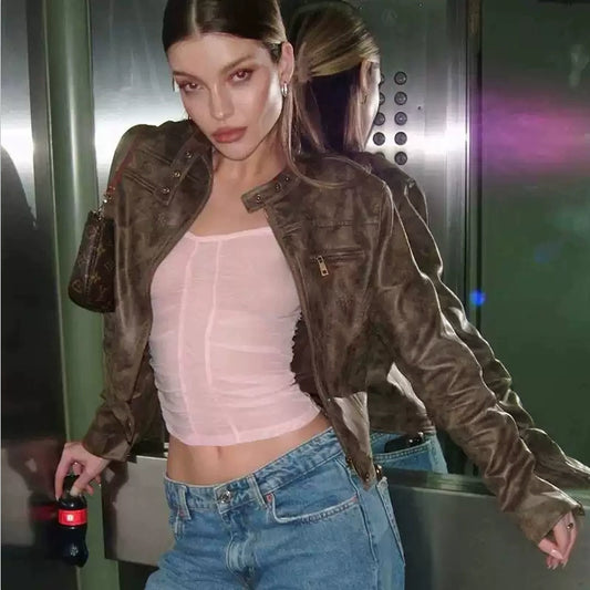 Vintage Brown Cropped PU Jacket