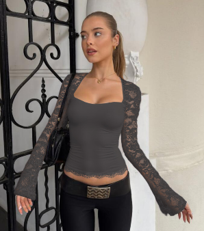 Lace & Mesh Long Sleeve Crop Top