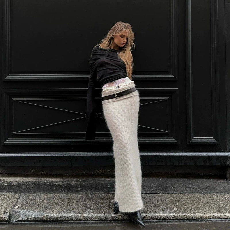 One-Shoulder Sweater & Fishtail Skirt Two-Piece Set