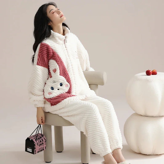 Flannel Winter Women's Pajamas Set Warm Coral Fleece Zipper Ladies Loungewear Cute Bunny Girl Sleepwear Loose Home Suits