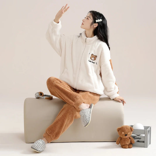 Winter Zipper Women Pajamas Set Flannel Warm Sleepwear Thicken Soft Coral Fleece Loungewear Cute Cartoon Bear Girl Pyjamas