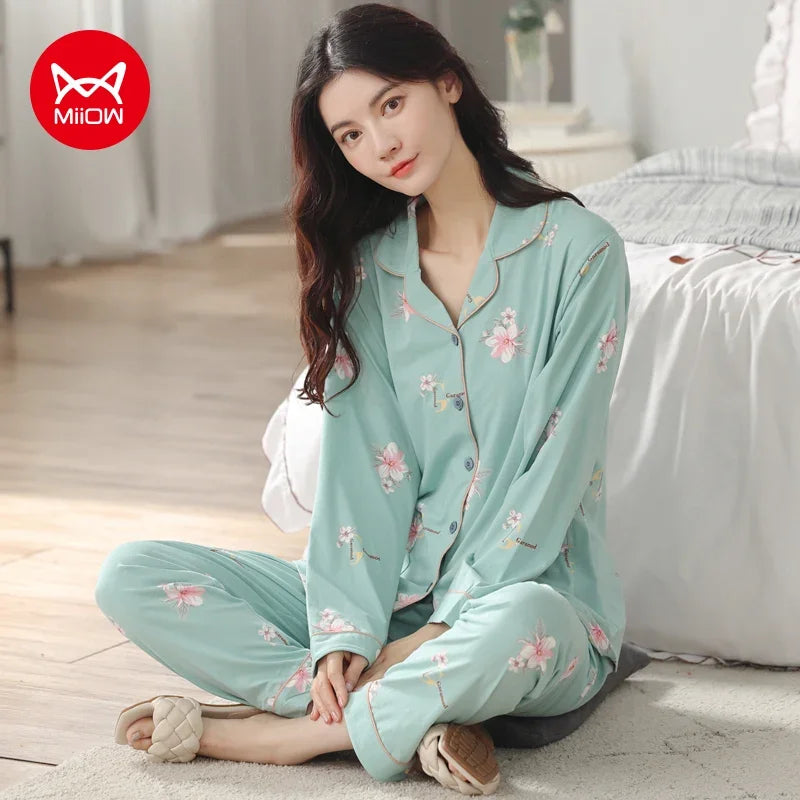 Winter Women's Pajamas Set Cotton Loungewear Female Sexy Orange Ladies Turn-down Collar Sleepwear Loose Long-sleeve Pajama