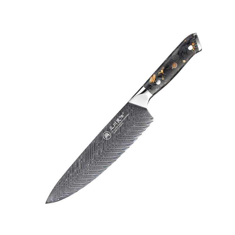 67 Layer Damascus Chef Knife with Carbon Fiber Gold Foil + Resin Handle