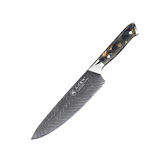67 Layer Damascus Chef Knife with Carbon Fiber Gold Foil + Resin Handle