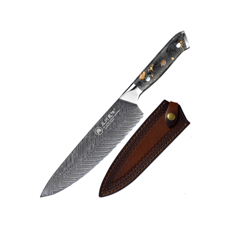 67 Layer Damascus Chef Knife with Carbon Fiber Gold Foil + Resin Handle