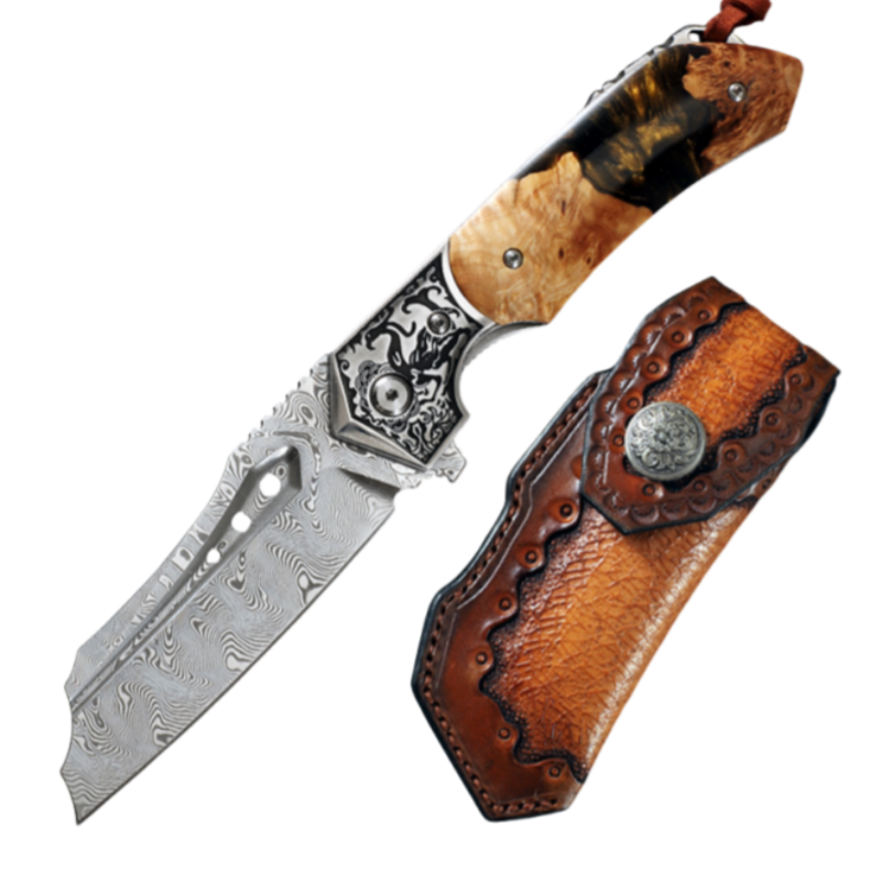 Damascus Steel Forged Folding Knife-The Submissive Dragon