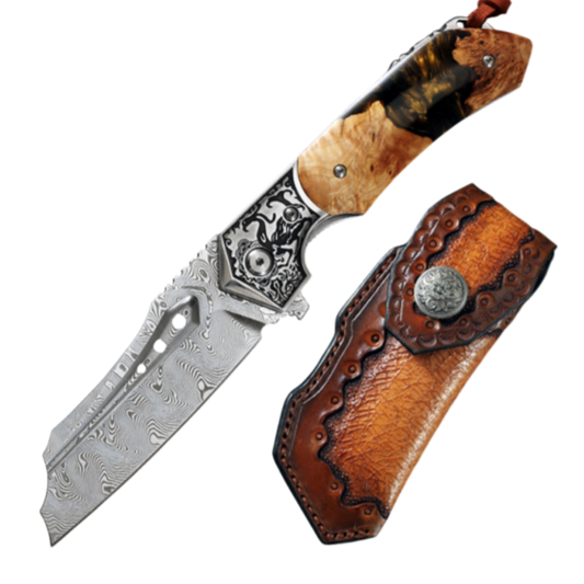 Damascus Steel Forged Folding Knife-The Submissive Dragon