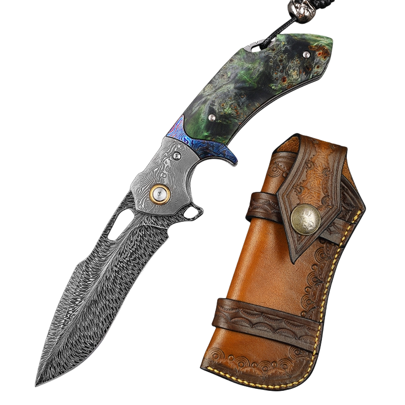 Feather Pattern Damascus Steel Folding Knife-Navigator