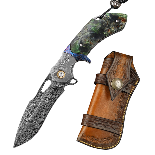 Feather Pattern Damascus Steel Folding Knife-Navigator