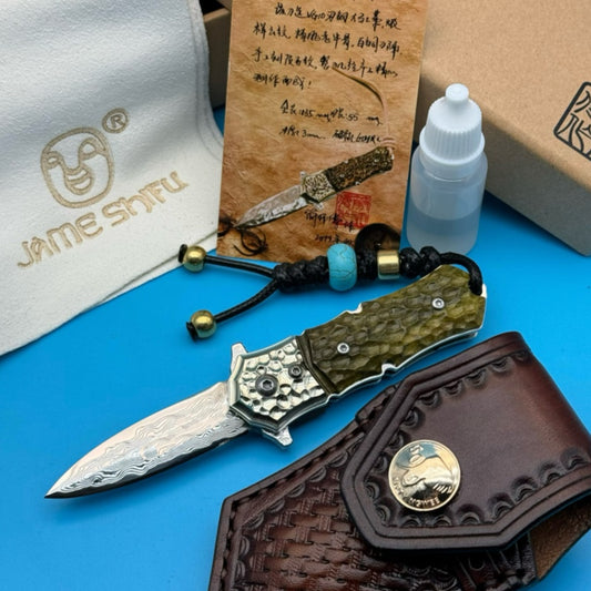 Folding Knife | Damascus Pattern Steel | VG10 Steel | Green Bee Sword