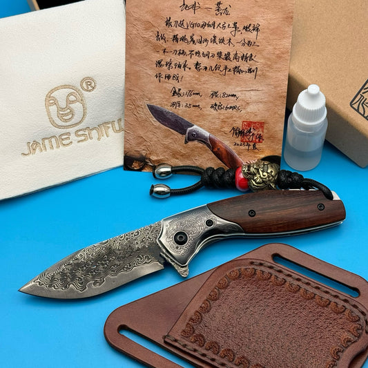 Folding Knife | Damascus Pattern Steel | Desert Ironwood Handle | Yellow Dragon