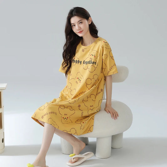 Cotton Women Nightgown Korean Style Cute Printed Girls Night Dress Summer Short Sleeve Homewear Womens Sleepwear Dresses