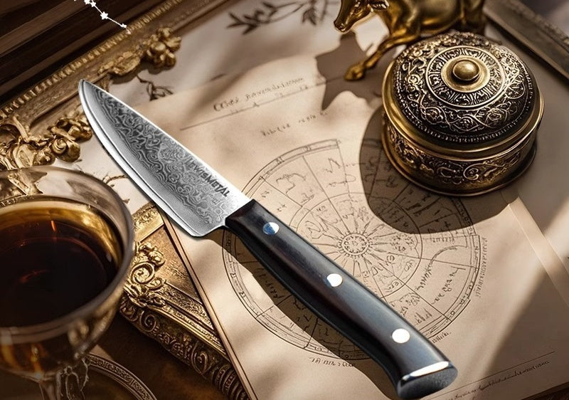 Damascus Paring Knife AUS-10 with Ebony Handle