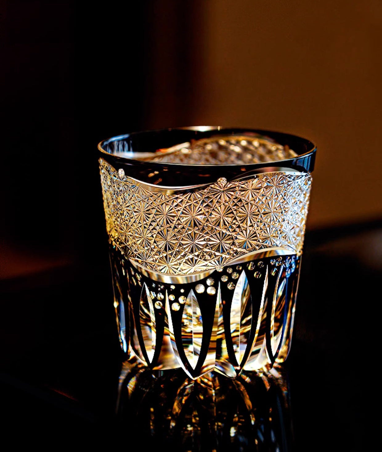 Golden Chrysanthemum Spray Edo Kiriko Whiskey Glass Goglasscup