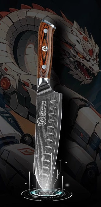 Damascus Santoku Knife with Golden Wood Handle