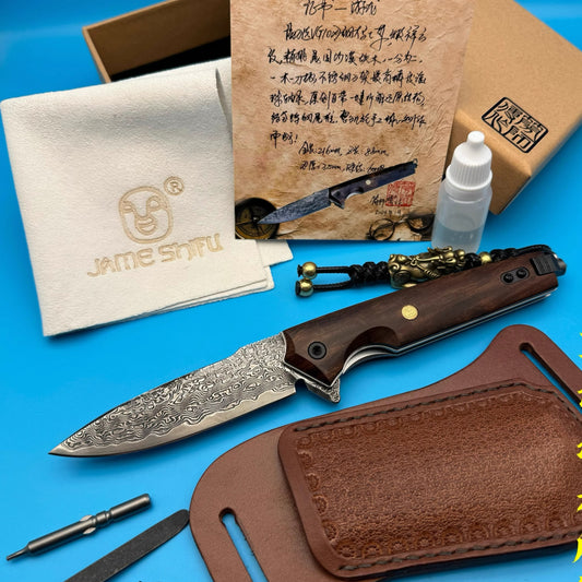 Folding Knife | Damascus Pattern Steel | Desert Ironwood Handle | Black Dragon