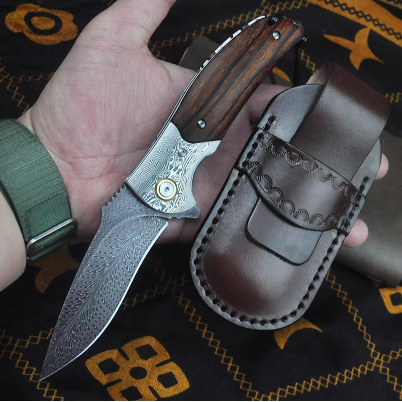 Folding Knife | Forged Feather Pattern | Black Tortoise