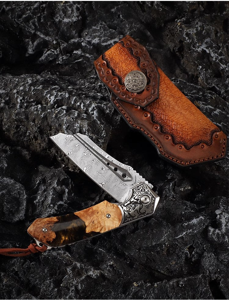 Damascus Steel Forged Folding Knife-The Submissive Dragon