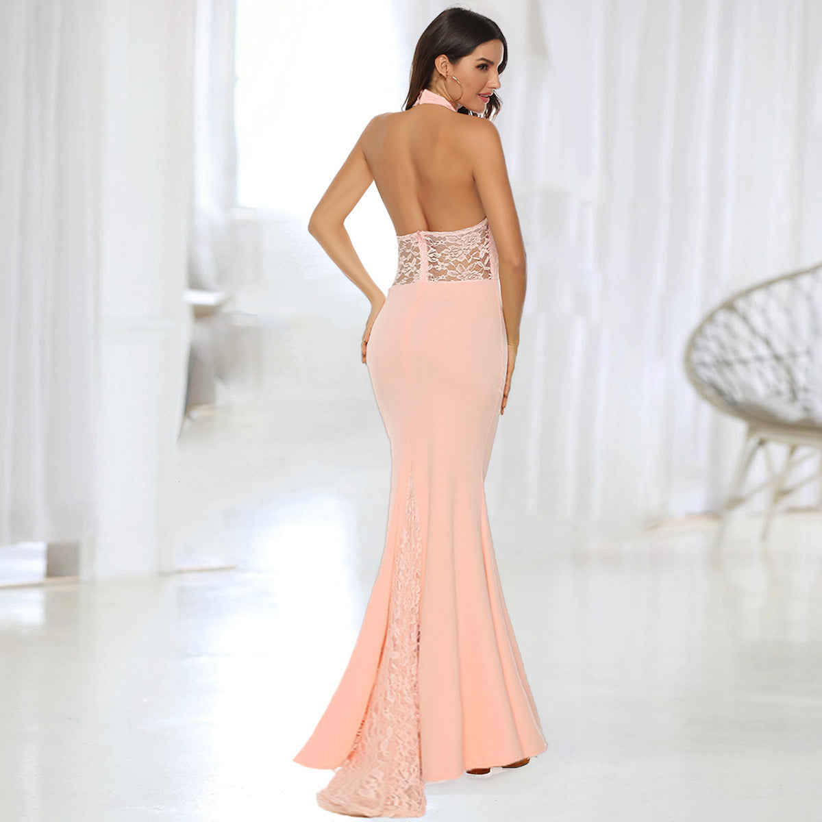 Halter Neck Floor-Length Lace Bridesmaid Dress
