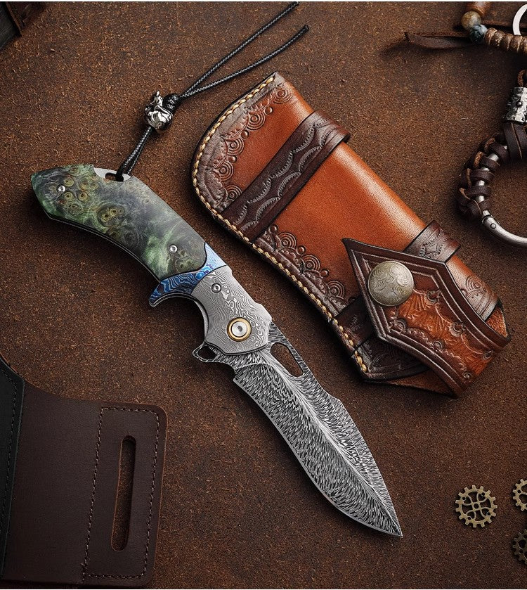 Feather Pattern Damascus Steel Folding Knife-Navigator