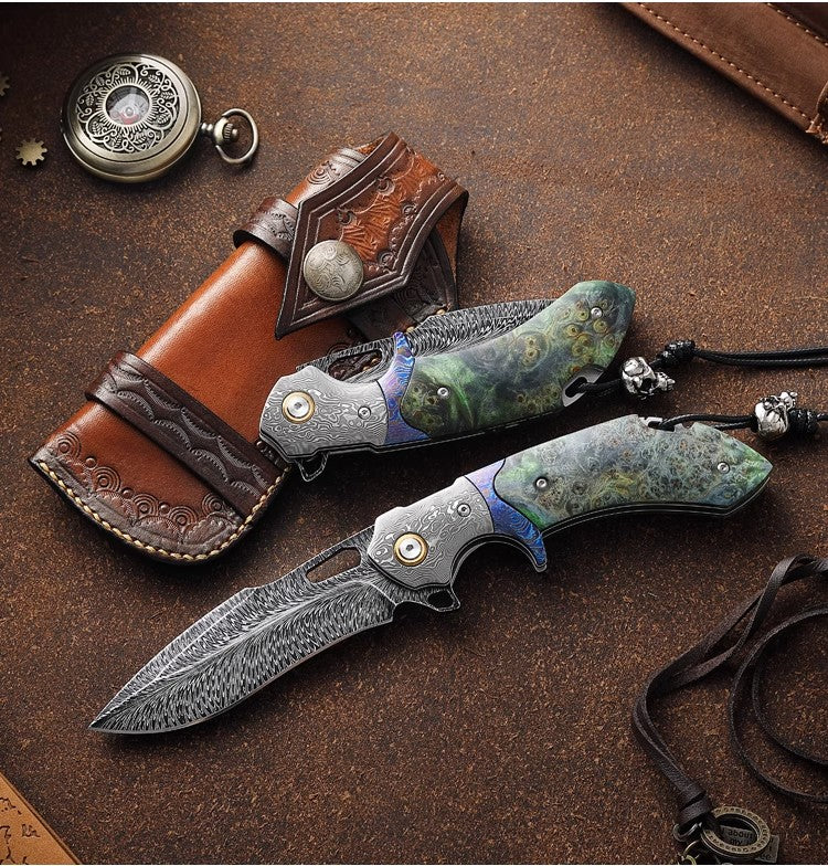 Feather Pattern Damascus Steel Folding Knife-Navigator