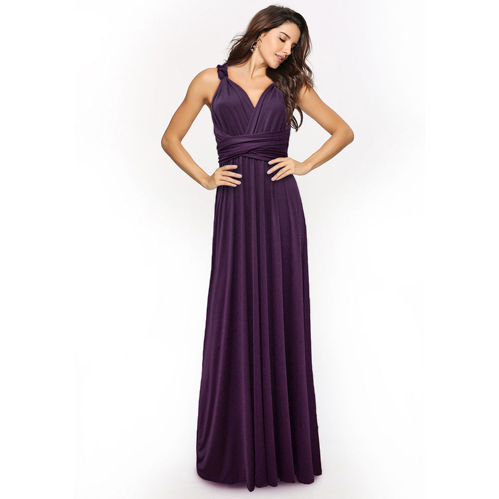 A-line One Shoulder V-Neck Halter Floor-Length Mesh Bridesmaid Dress