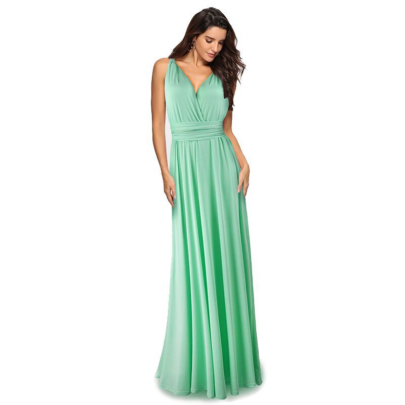 A-line One Shoulder V-Neck Halter Floor-Length Mesh Bridesmaid Dress