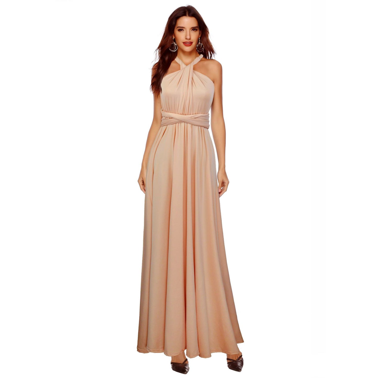 A-line One Shoulder V-Neck Halter Floor-Length Mesh Bridesmaid Dress
