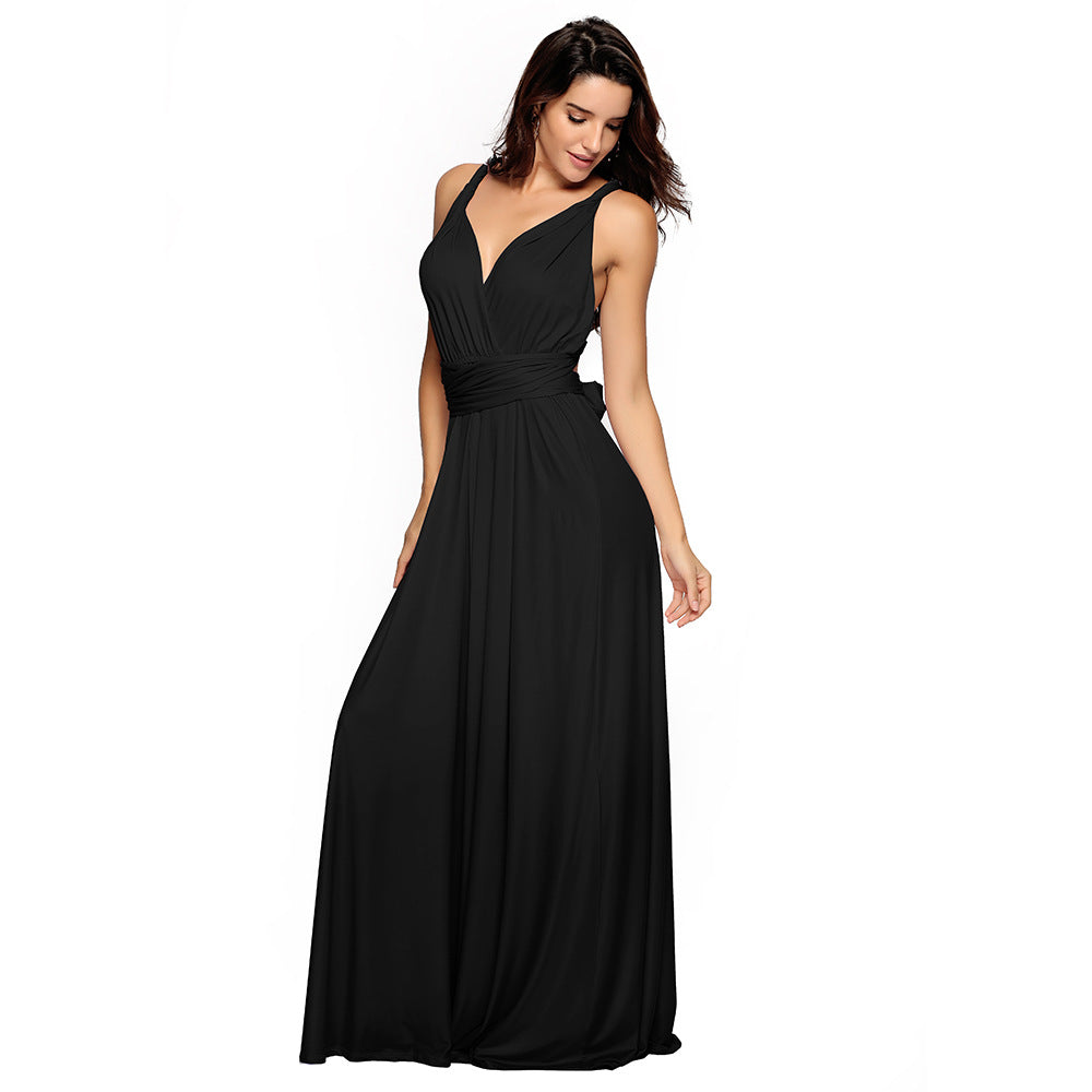A-line One Shoulder V-Neck Halter Floor-Length Mesh Bridesmaid Dress