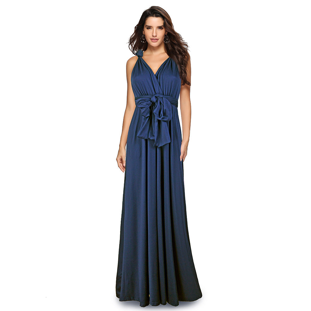 A-line One Shoulder V-Neck Halter Floor-Length Mesh Bridesmaid Dress